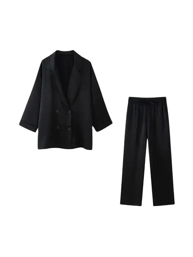 Manteau Blazer ample à Double boutonnage pour femmes, pantalon à jambes larges à taille haute élasti