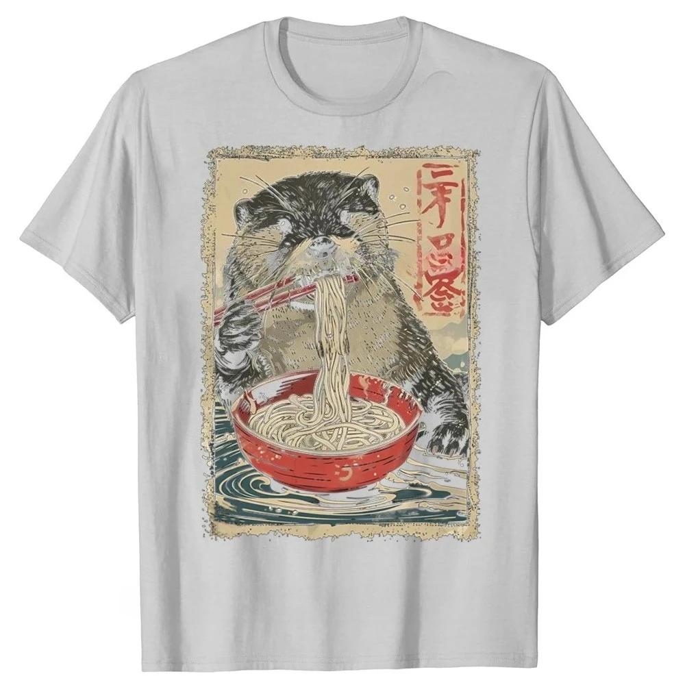 T-shirts graphiques drôles lontra mangeant Ramen pour femmes, t-shirt décontracté à la mode, vêtemen