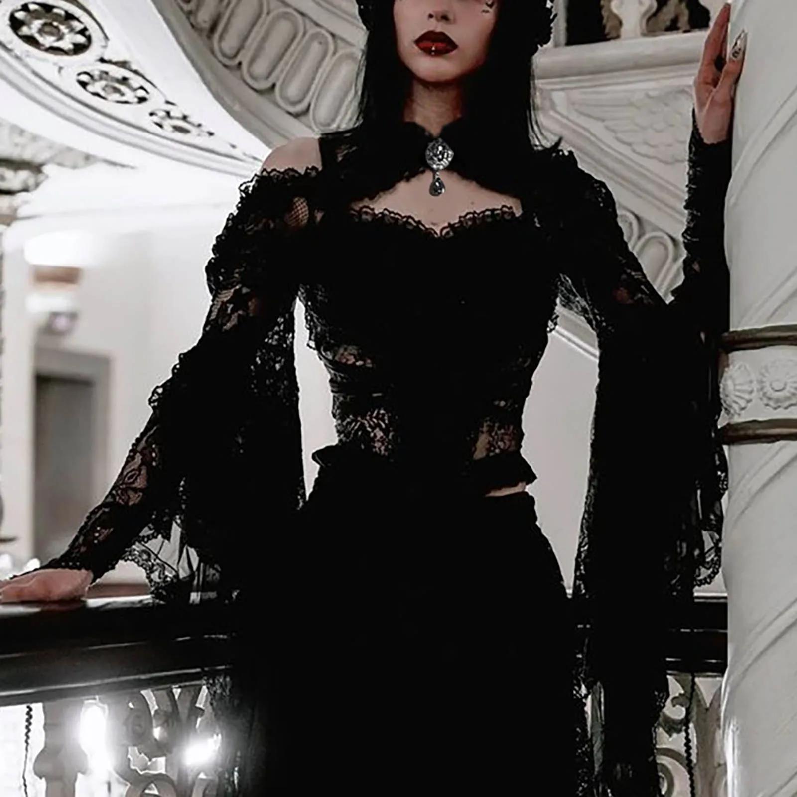 Punk boléro haussement d'épaules Top Trad Goth châles noirs manches évasées couverture enveloppes po