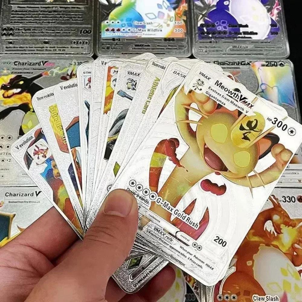 Cartes Pokemon 10-55 pièces, lettres dorées en feuille d'or, anglais, espagnol, français, allemand, 