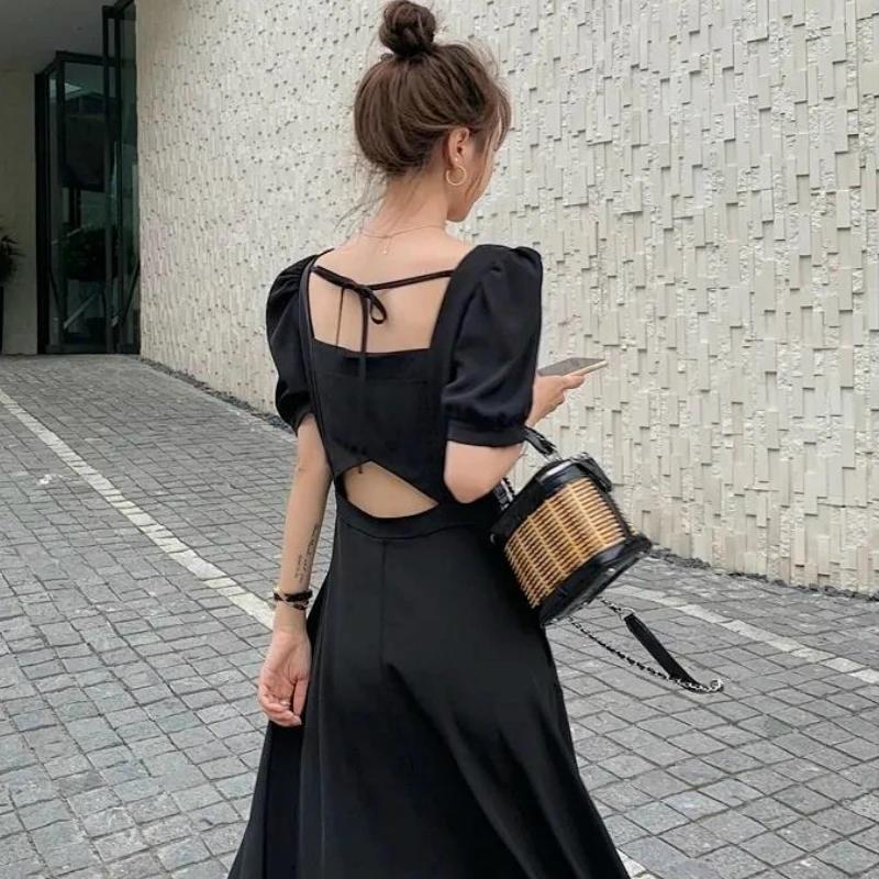 Robe Chic Vintage Noire pour Femme, Taille Haute, Col Carré, Manches Bouffantes, Nministériels d Tra