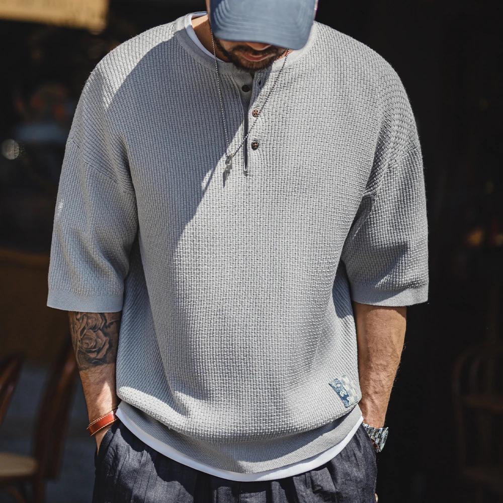 Maden Vintage Boro Style manches courtes Henley chemise hommes été gris coupe ample t-shirt tricot d