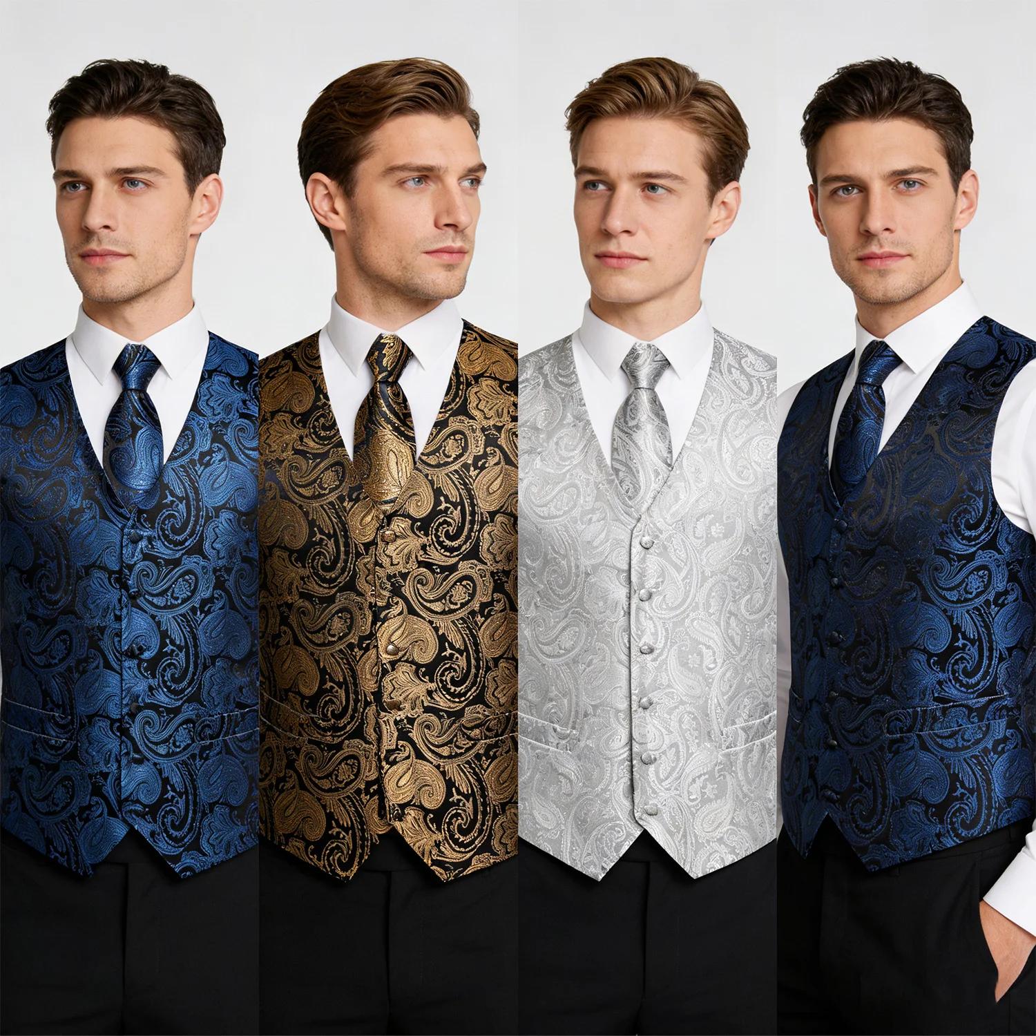 Ensemble gilet et cravate pour homme à motif cachemire – Gilet formel avec pochette de poche, idéal 