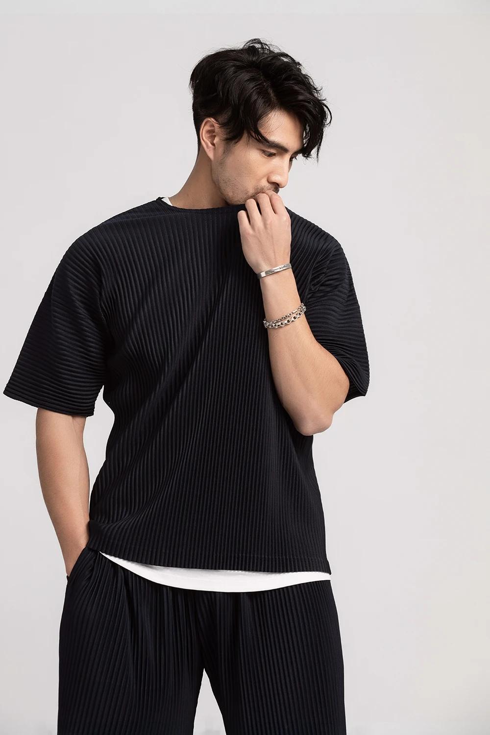 T-shirt à manches courtes et col rond pour homme, haut de sport, fin, respirant, solide, plissé, été