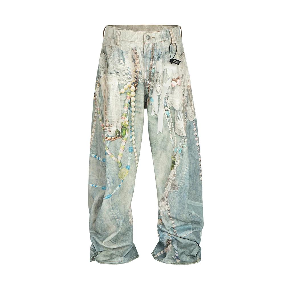 Jean Baggy imprimé chaîne de perles en dentelle assortie aux couleurs pour hommes et femmes, Streetw