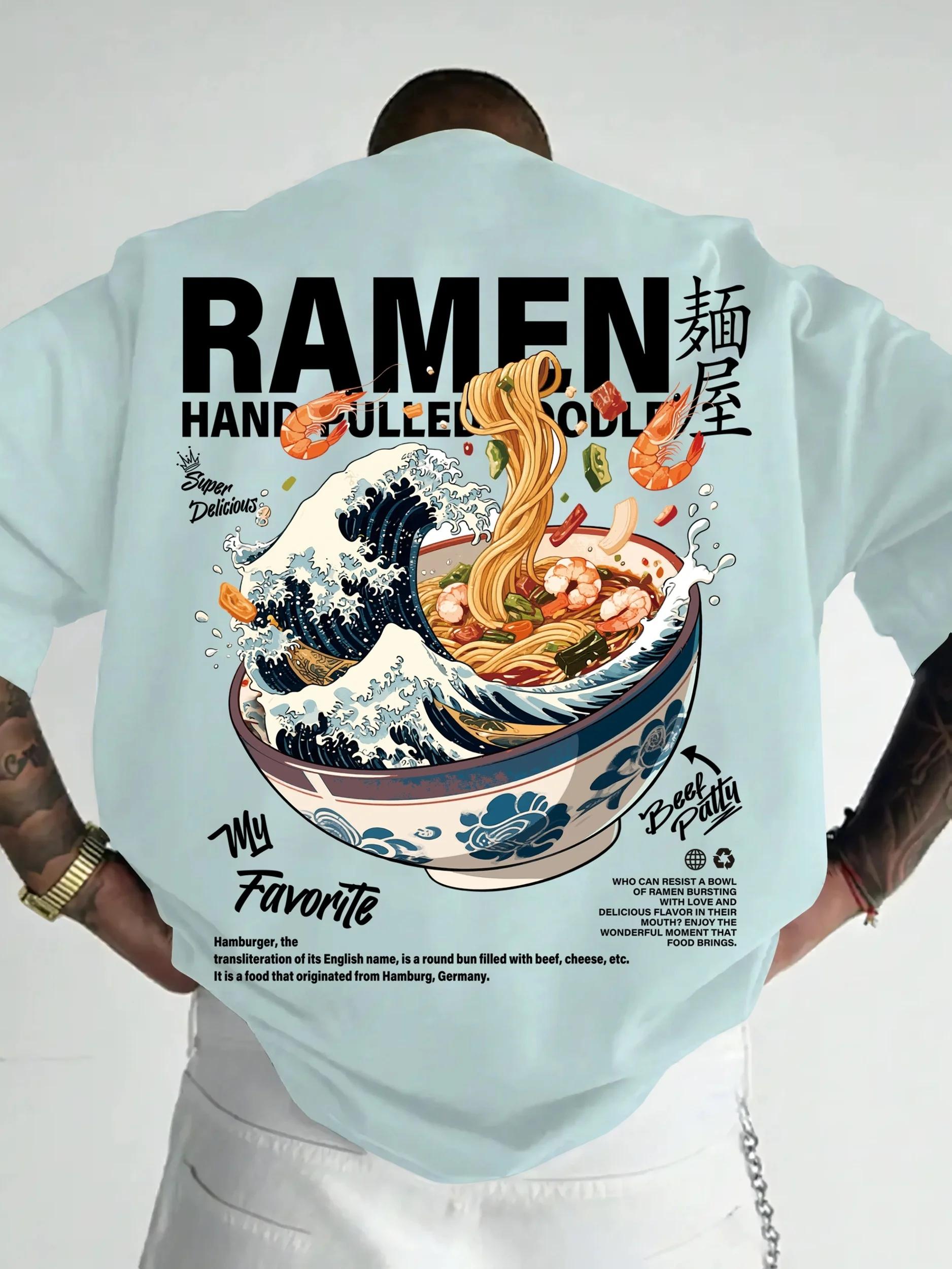 T-shirt décontracté pour homme, style streetwear, motif vagues japonaises et ramen, idéal pour le qu