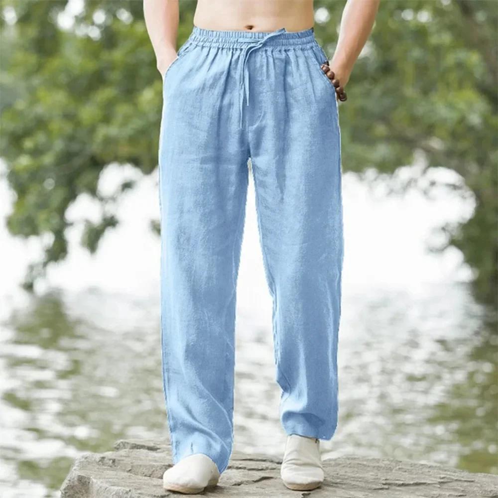 Pantalon de plage pour hommes, jogging, Streetwear, coton et lin, pantalon de survêtement décontract