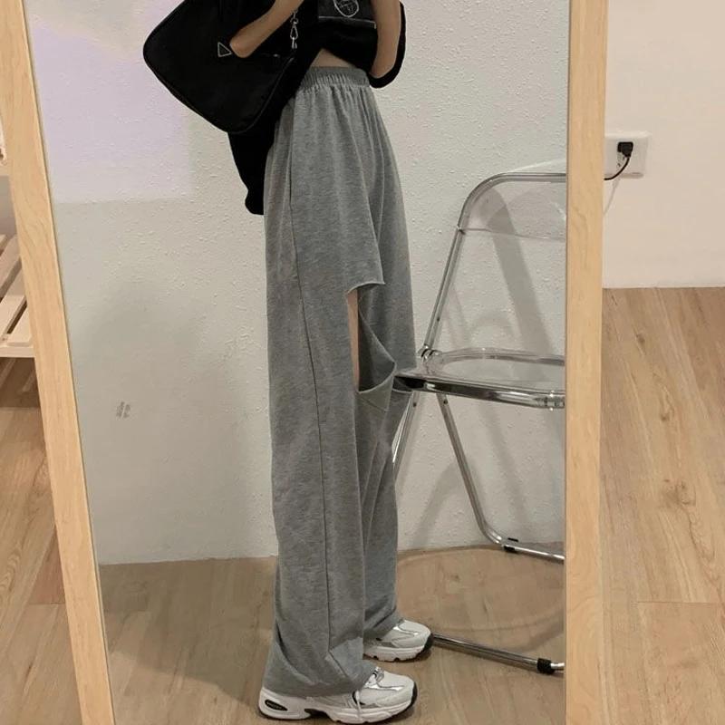 Pantalon Harajuku à jambes larges ajouré pour femmes, jogging, troué, Streetwear Chic, pantalon droi