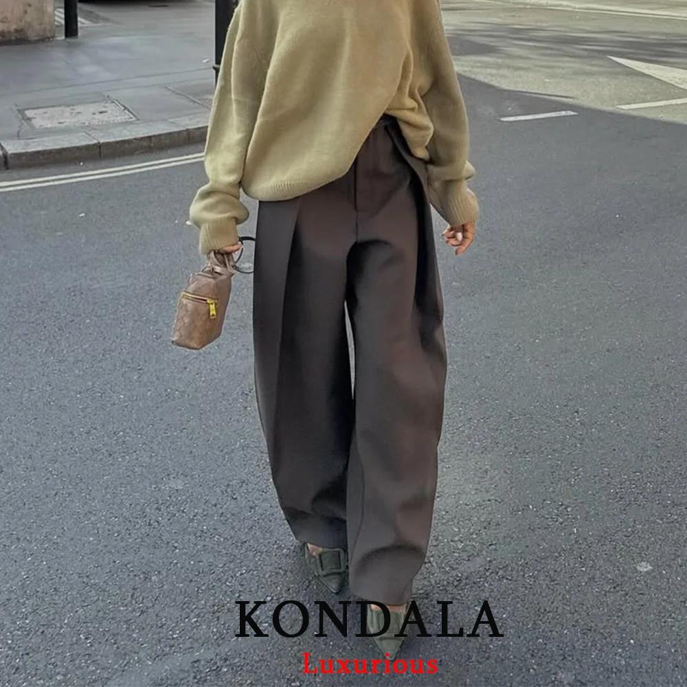 KONDALA décontracté Chic pantalon à jambes larges femmes bureau dame poches plissé pantalons longs m