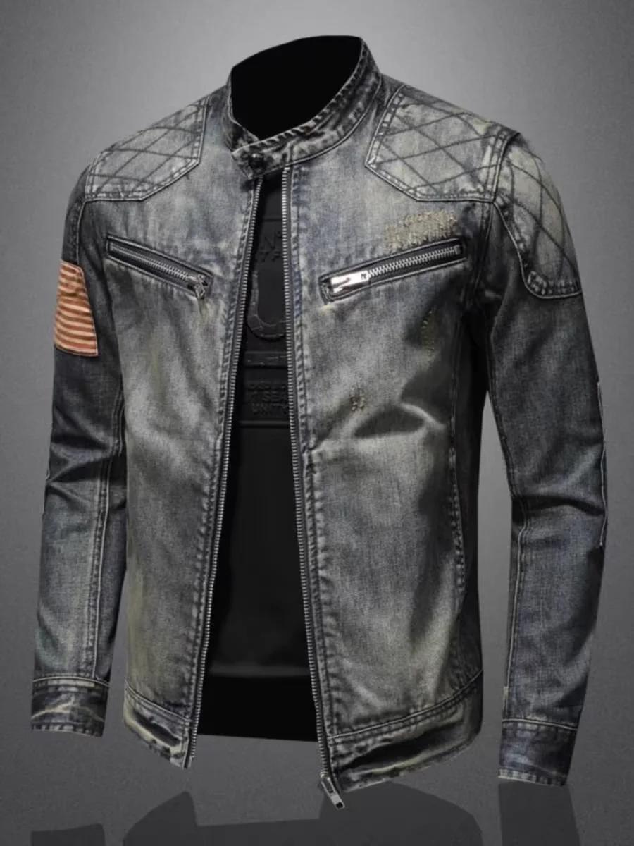 Veste en jean à glissière pour hommes, vêtements de motard à la mode, mode rétro décontractée, équit