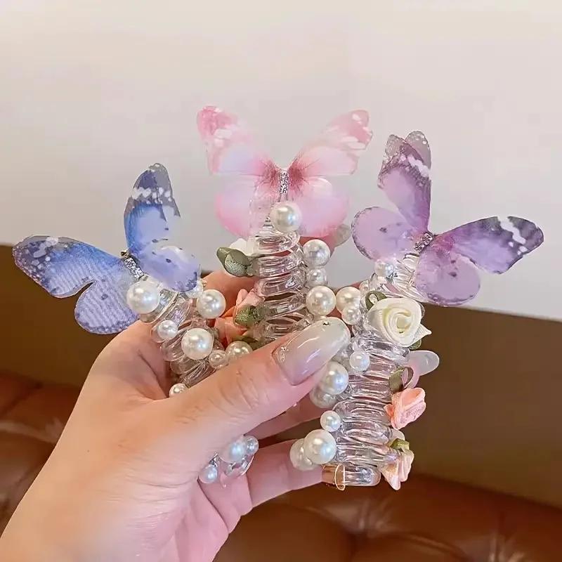 Bandeau papillon en maille pour filles, 2 pièces, mignon, rond, perle et Design Floral, parfait pour