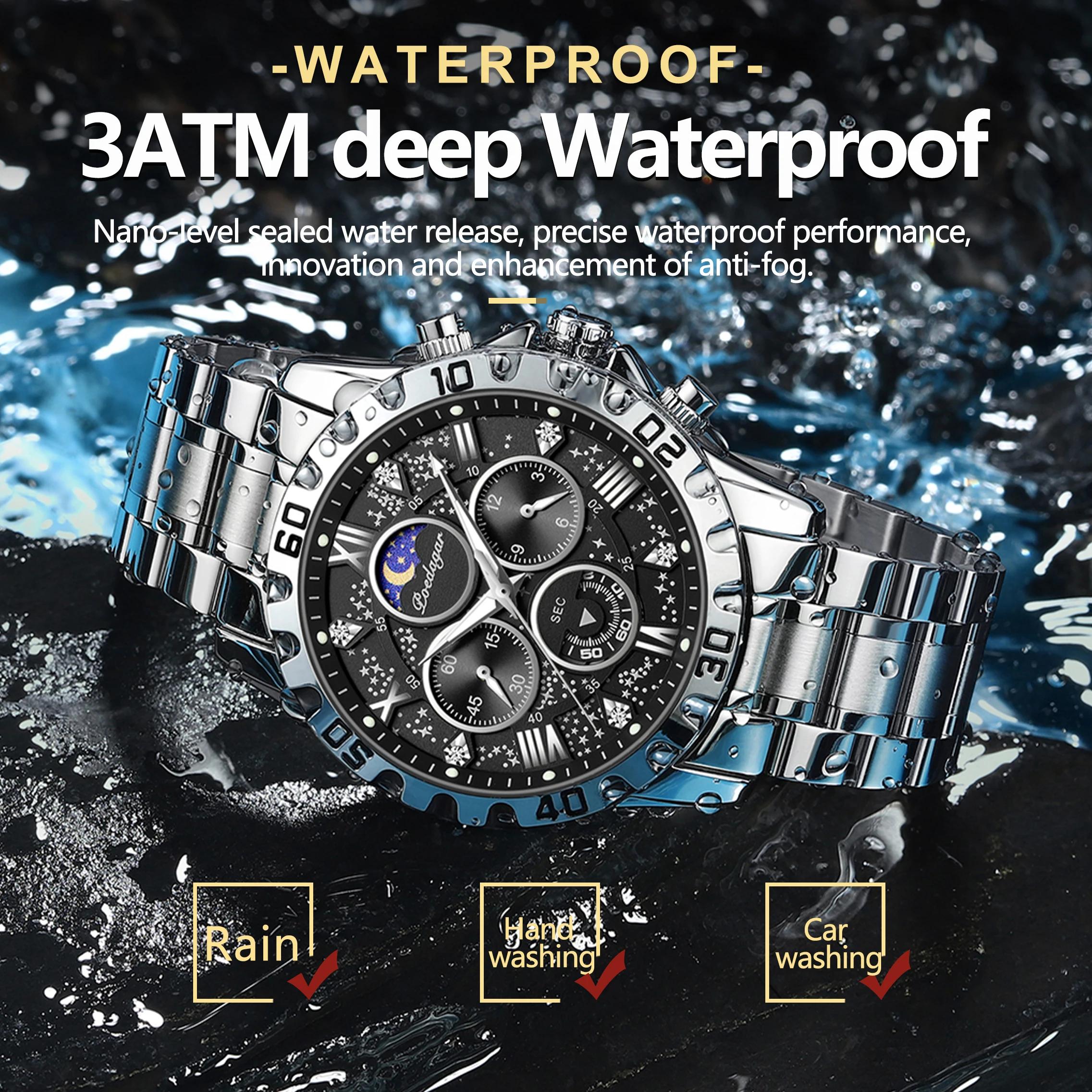 POEDAGAR montre de luxe homme étanche lumineux en acier inoxydable Quartz montre-bracelet pour homme