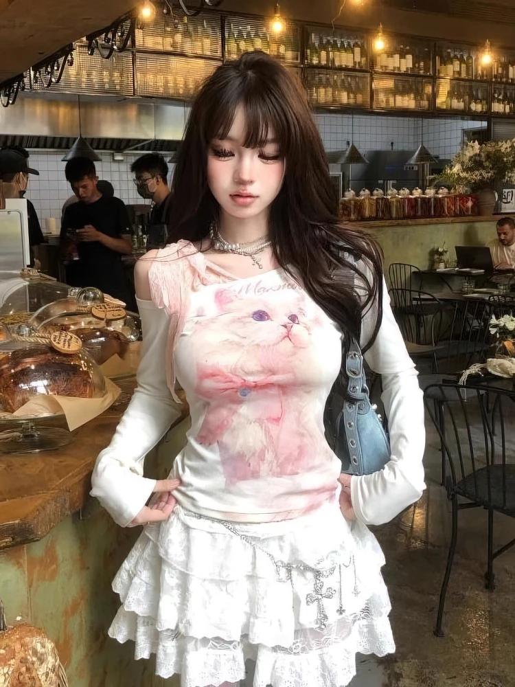 Y2k chat imprimé blanc épaules dénudées à manches longues t-shirt femmes avant rose dentelle nœud at