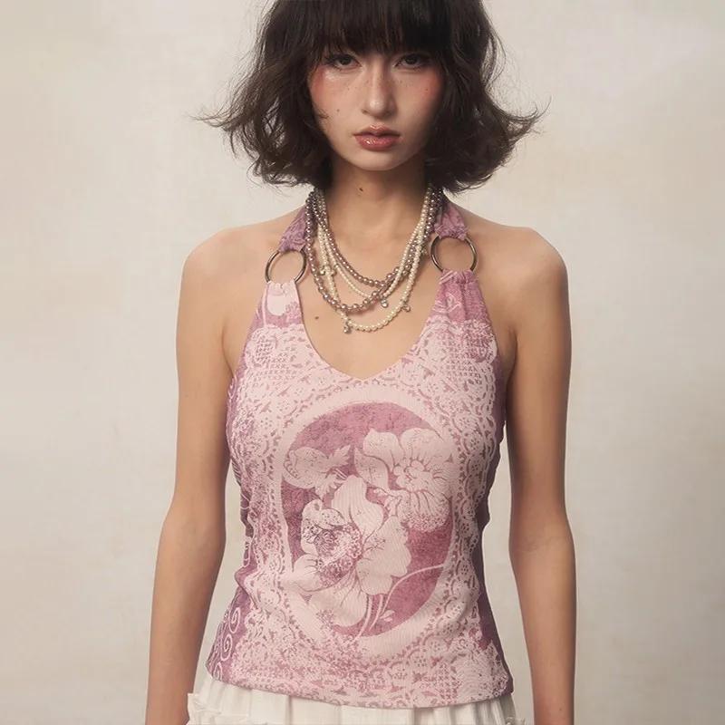 Karrcat-Camisole à imprimé fleuri rétro des années 2000, haut violet précieux, licou japonais Y2k, e