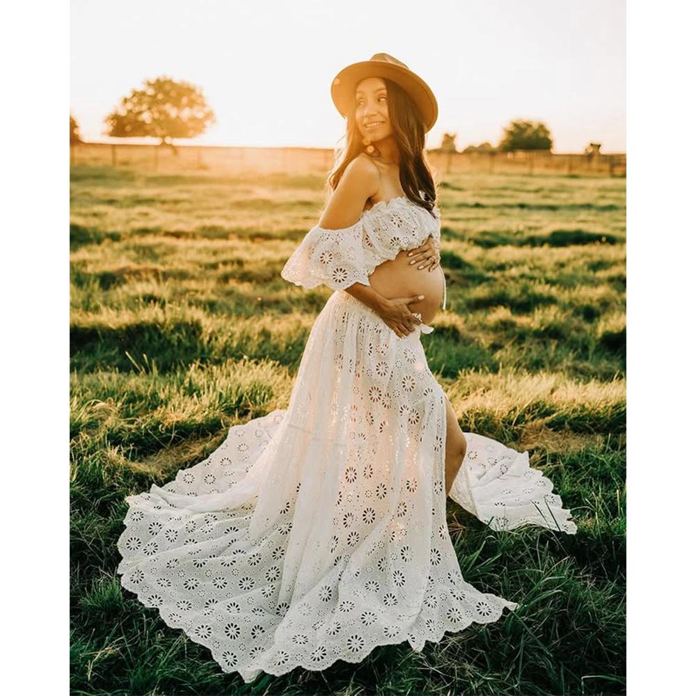 Robes de maternité grande taille, blanc, épaules dénudées, broderie creuse, en coton, coupe conforta