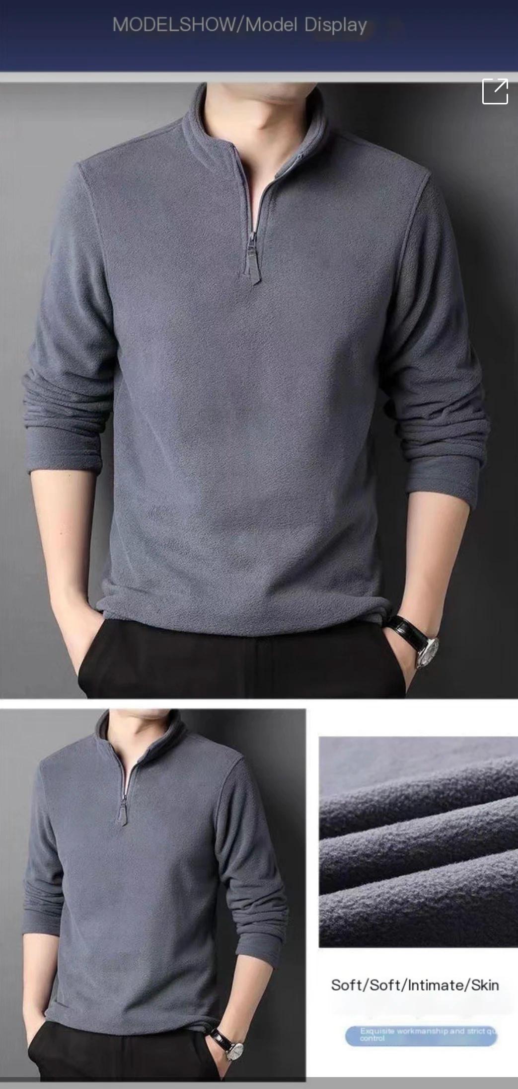 Polos chauds en laine d'agneau pour hommes, sweat-shirt, col montant, demi-fermeture éclair, manches