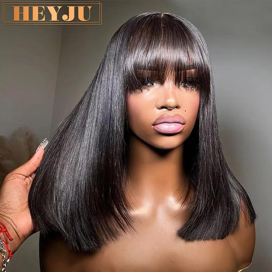Perruque Bob Lace Wig Brésilienne Naturelle, Cheveux Courts et Lisses, avec Frange, 3x1 HD, 100% de 