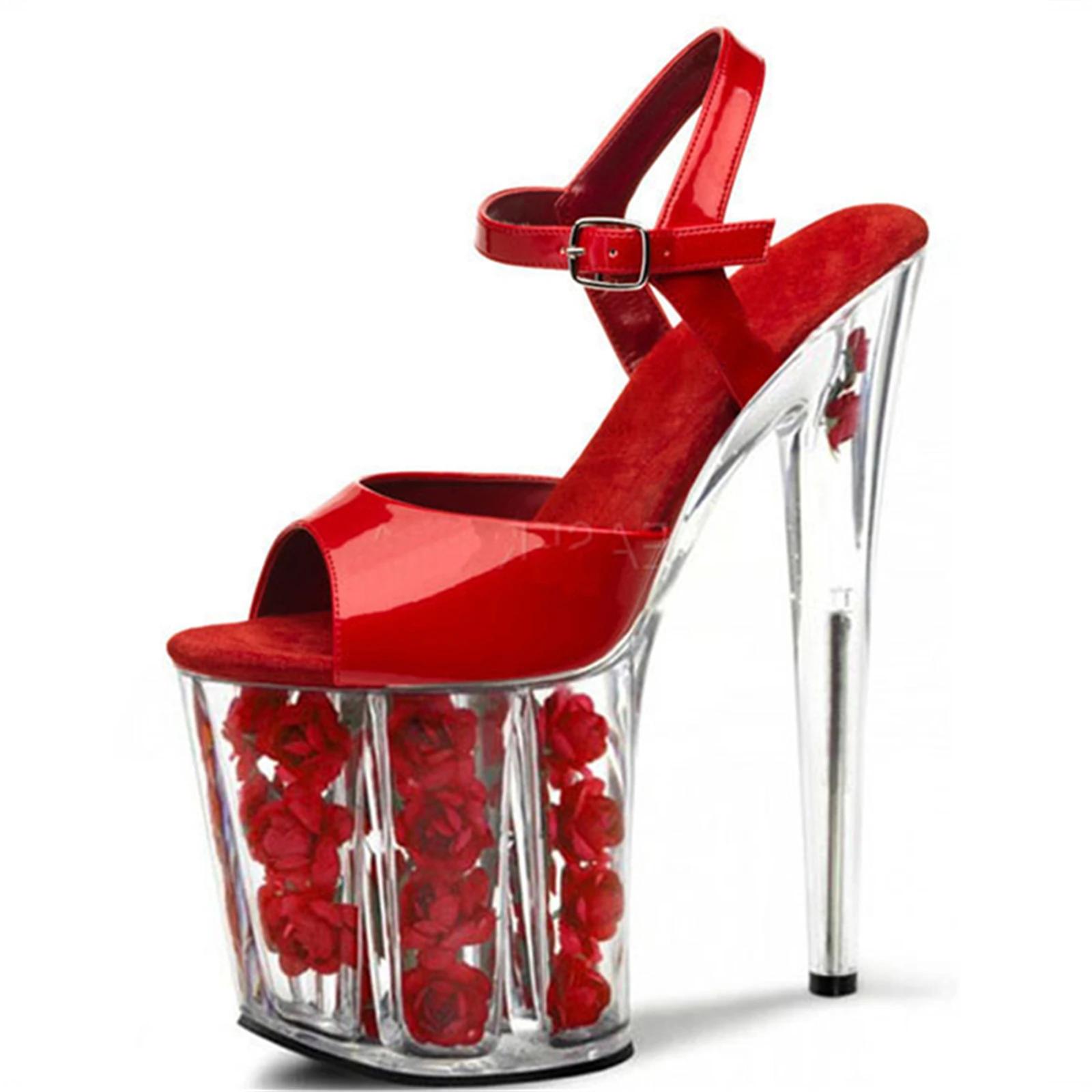 Chaussures de mariage à talons roses de 20CM, sandales à plateforme en cristal rouge avec fleurs fra