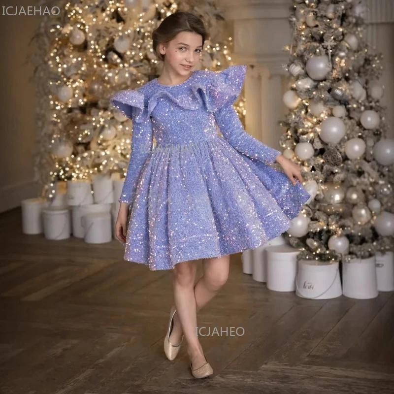 Robe de Princesse à Manches Longues et Paillettes pour Filles, Tenue de Cérémonie pour Fêtes du Nouv