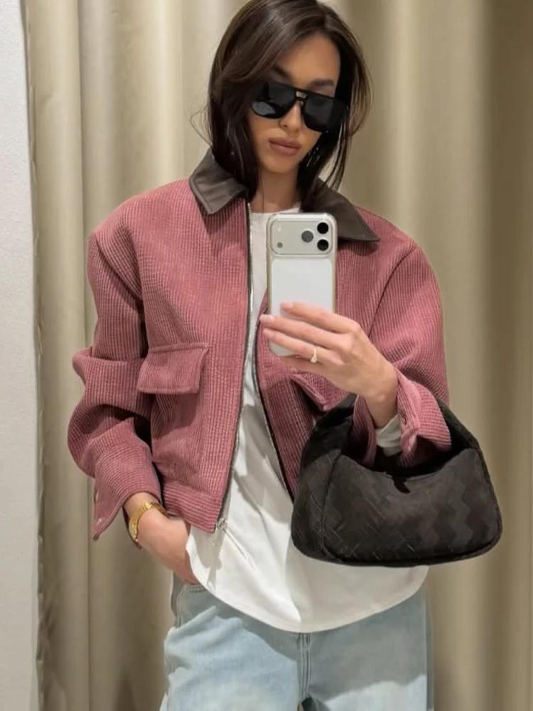 Veste décontractée rose SLTNX pour femme, coupe ample, style streetwear, avec fermeture éclair et po