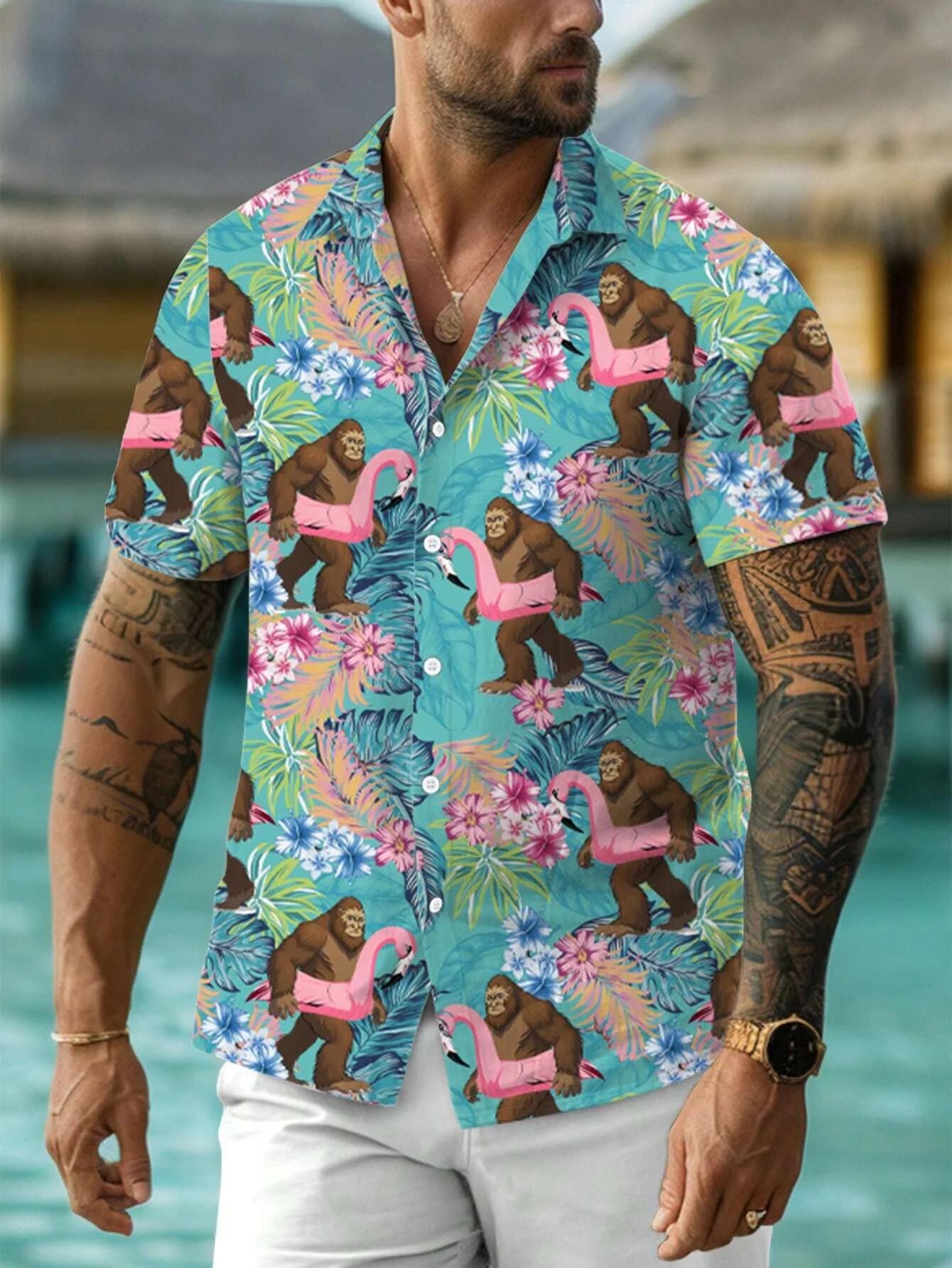 Chemise à manches courtes imprimée Allover pour hommes, col rabattu, fermeture à bouton complet sur 