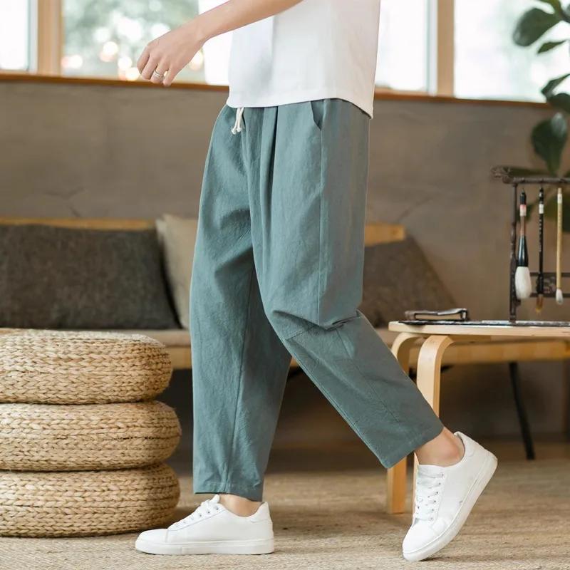 Nouveaux hommes lin léger pantalons de survêtement coton couleur unie respirant Joggers hommes Baggy