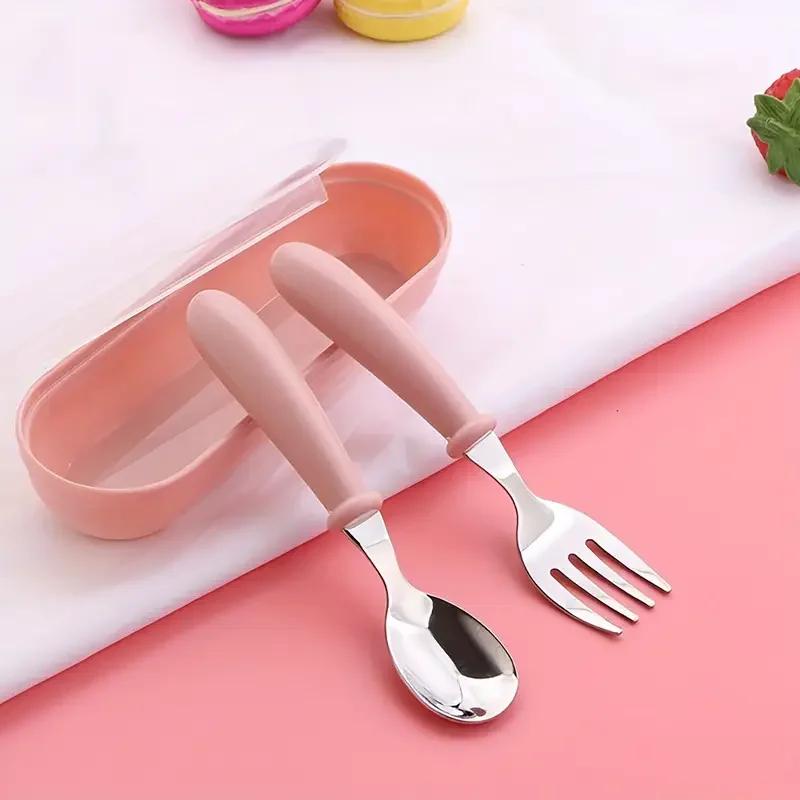 Ensemble de 2 couverts pour enfants en acier inoxydable, cuillère/fourchette, boîte adaptée aux couv