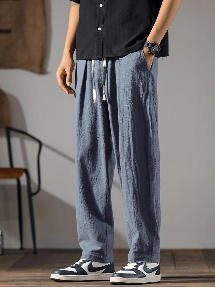 ENESE − Pantalon en coton et lin pour hommes, survêtement, coupe droite, décontracté, à jambes large