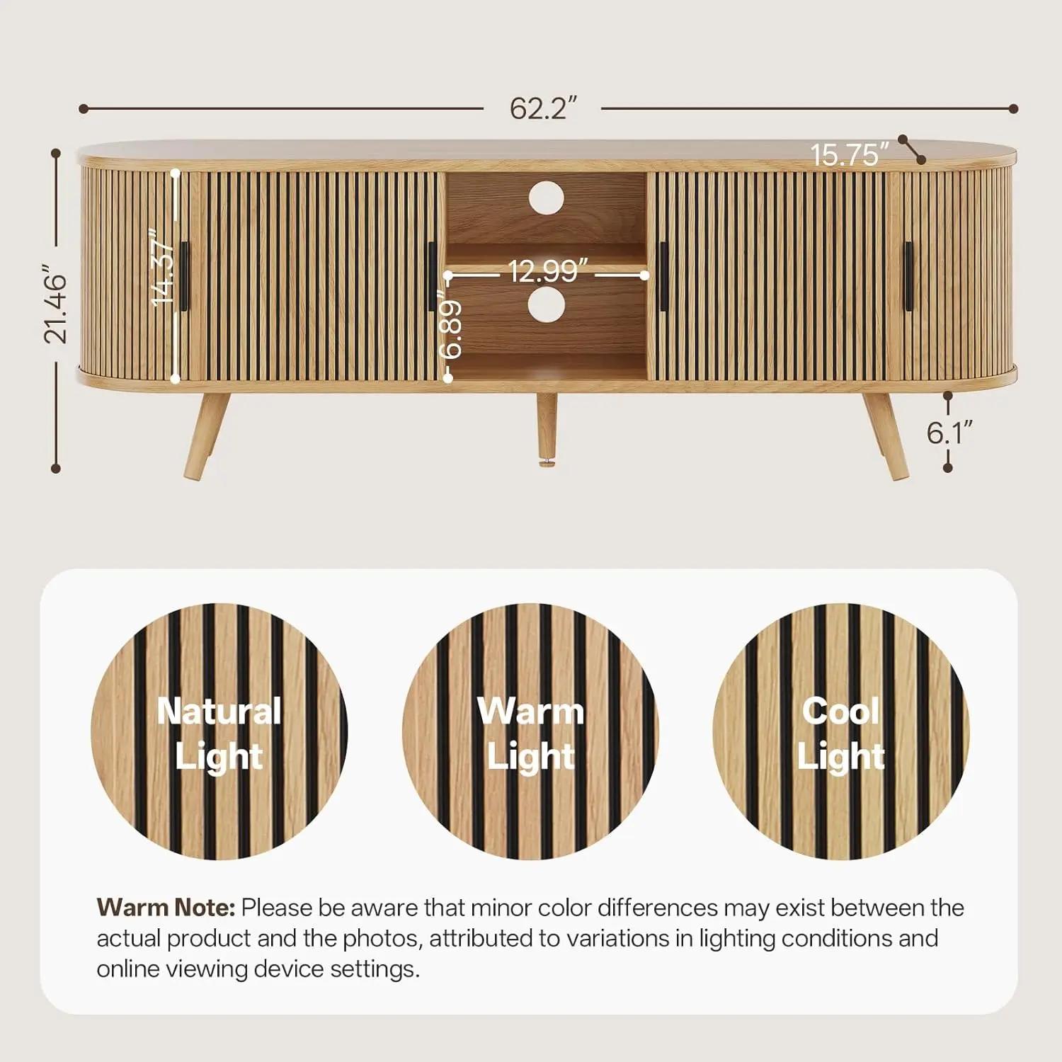 Meuble TV cannelé de 62 pouces de style Mid-Century avec porte coulissante, étagère réglable, consol