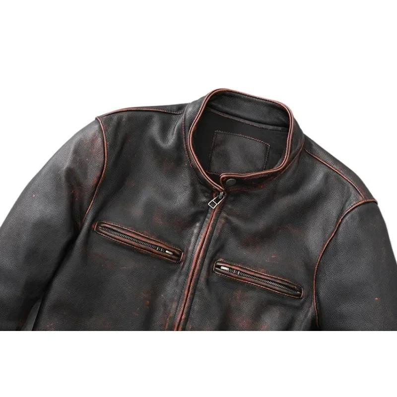 Blouson en cuir homme, court et slim, vintage, rouge, marron, automne