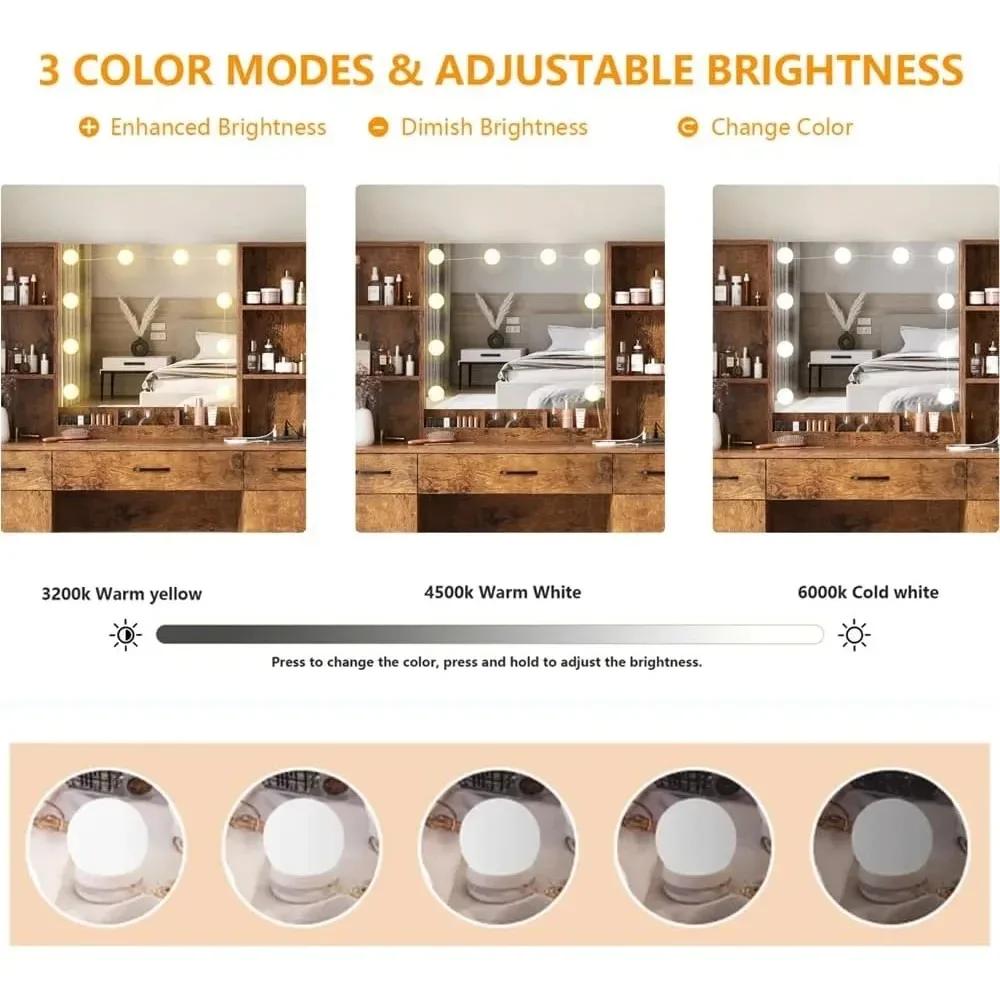 Grande table de maquillage avec miroir éclairé et multiprise – 3 modes d'éclairage réglables, beauco