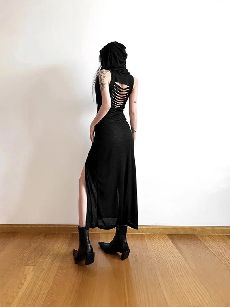 Robe y2k pour femmes, vêtements de couleur unie, sans manches, ajourée dans le dos, fente à capuche,