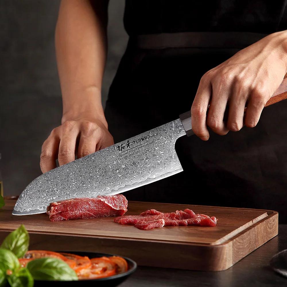 TURWHO – couteau Santoku de 7 pouces, couteaux de Chef de cuisine en acier damas, lame tranchante fa