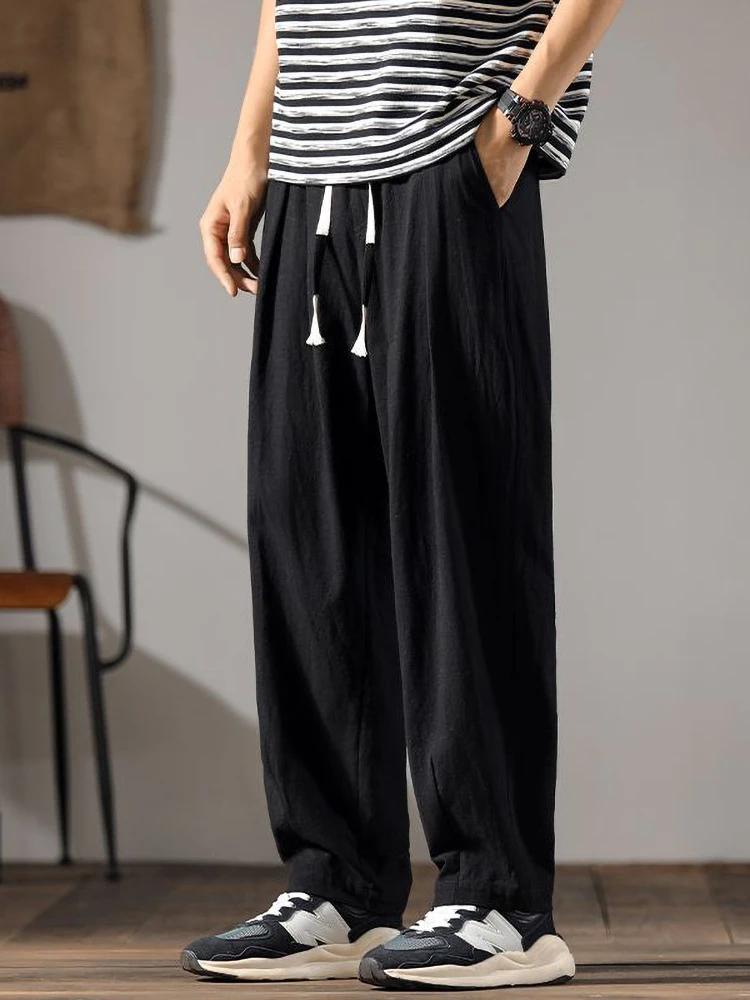 ENESE − Pantalon en coton et lin pour hommes, survêtement, coupe droite, décontracté, à jambes large