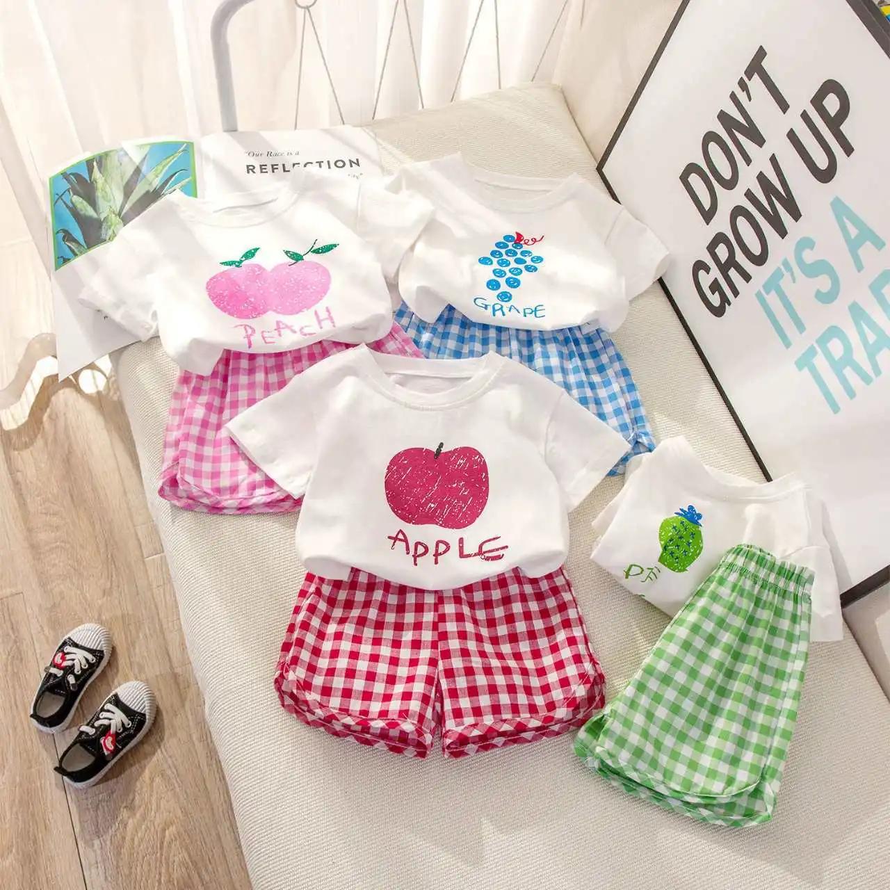 Ensemble 2 pièces pour enfants, haut à manches courtes et col rond + Short à carreaux, fruits, citro