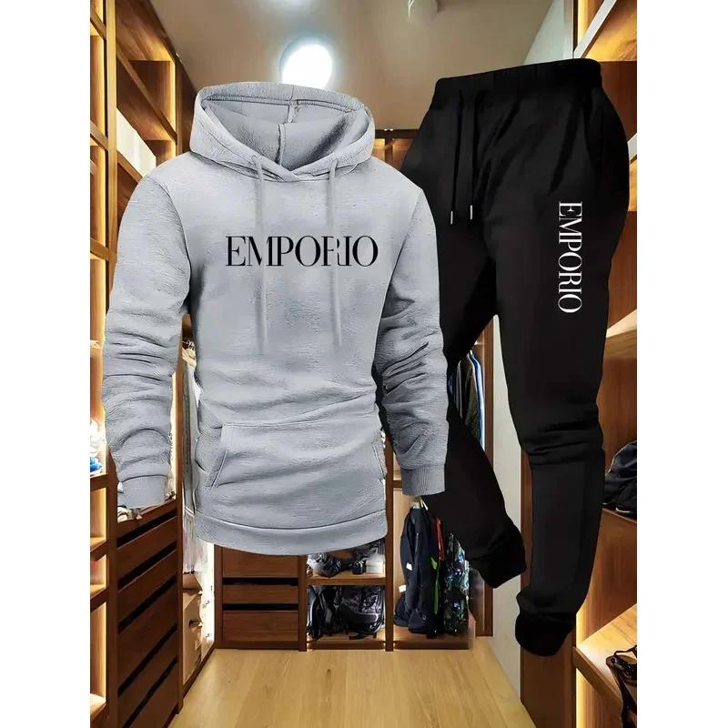 Ensemble jogging décontracté vert olive pour homme 2025 avec sweat à capuche EMPORIO imprimé et cord