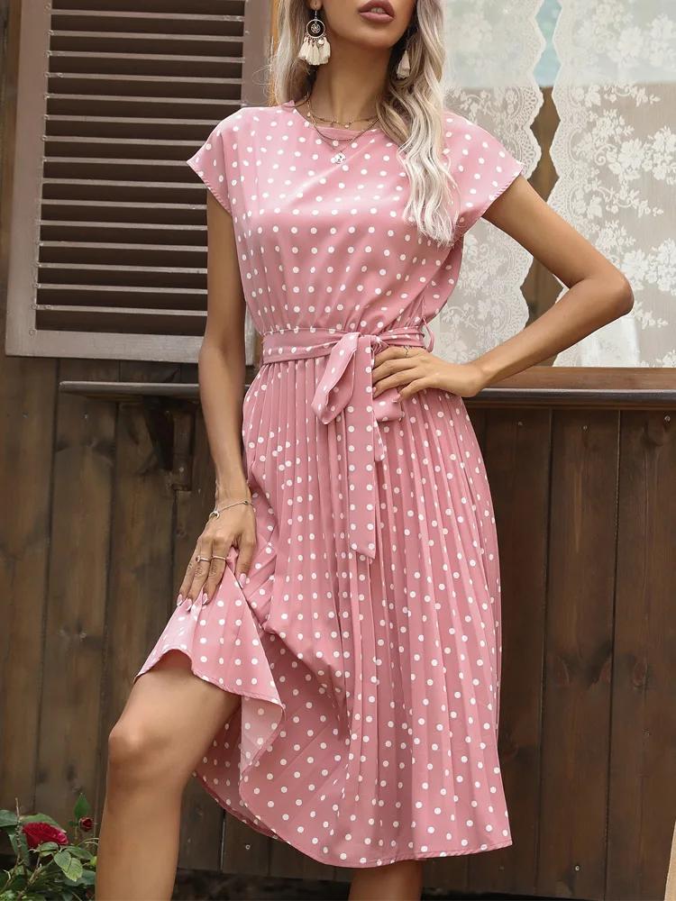 Benuynffy-Robe trapèze ceinturée à pois pour femmes, col rond, manches cape, longueur genou, froncée