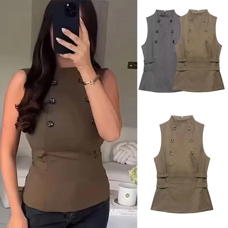 Gilet décontracté pour femme, bicolore, à double boutonnage, col montant, sans manches, cintré à la 