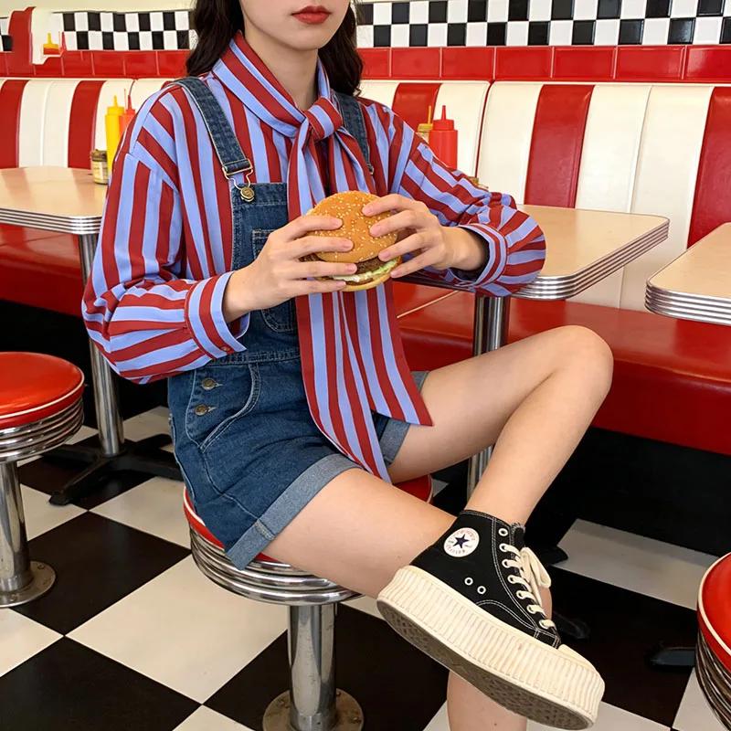 Chemise à rayures verticales rouges et bleues pour femmes, avec col noué, manches longues, ourlet in