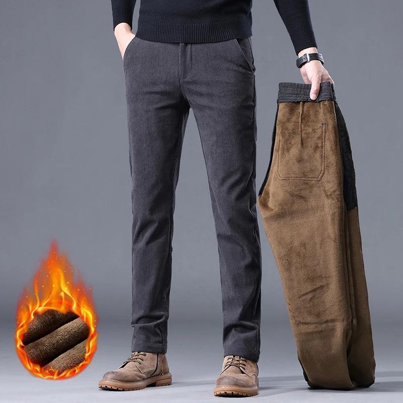 Kaki noir gris polaire hommes velours côtelé pantalons décontractés Chenille épais Stretch pantalon 