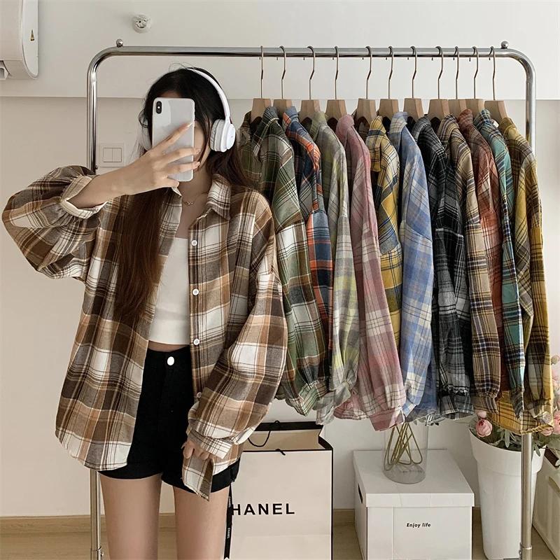 Chemise à carreaux femmes automne à manches longues haut femme simple boutonnage Blouse dames Style 