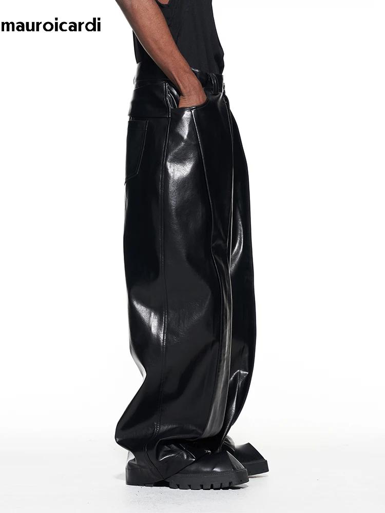 Mauroicardi-Pantalon Long en Cuir PU pour Homme, Baggy Décontracté, Noir Brcorporelle, Moulé, Verni,