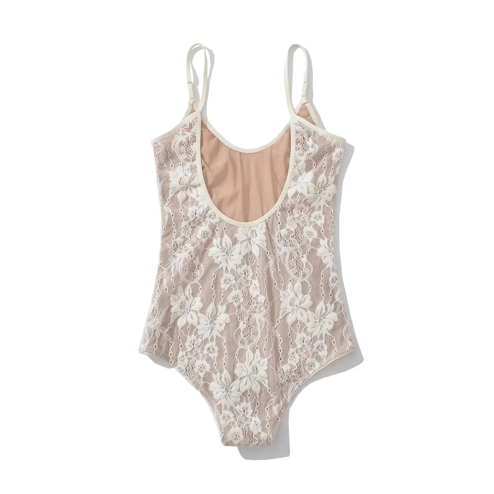 Sexy voir à travers la dentelle avec doublure dos nu Spaghetti sangle body femme fronde serré combin