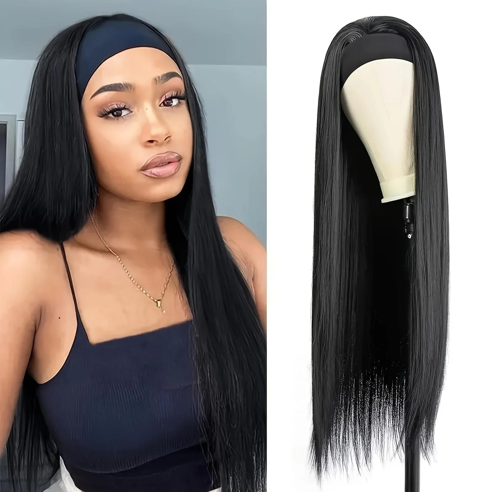 28 pouces bandeau perruque noir résistant à la chaleur cheveux synthétiques femmes bandeau perruque 