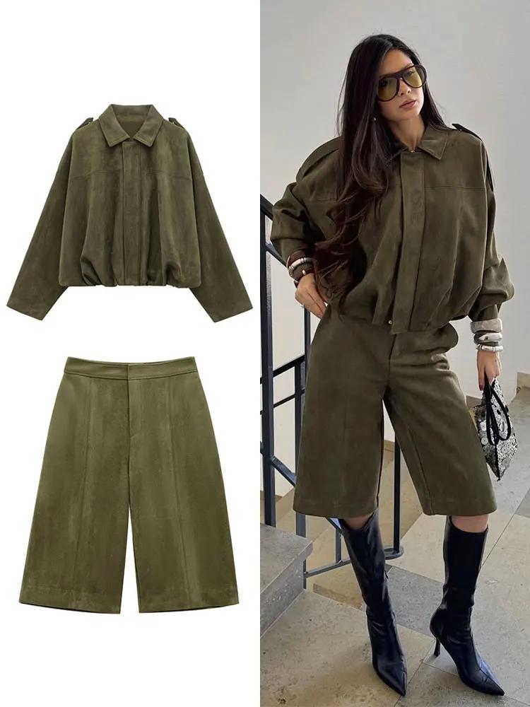 HH printemps femmes daim manteau pantalon ensembles revers fermeture éclair manches longues vestes S