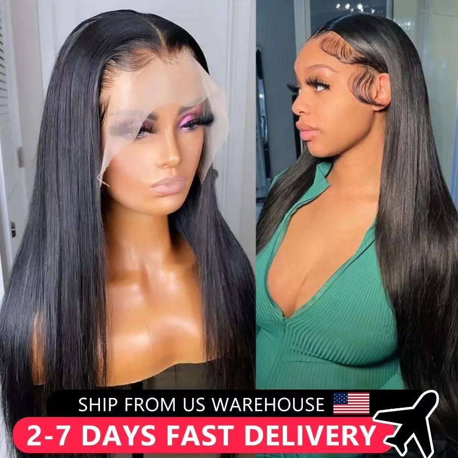 Perruque Lace Front Wig naturelle brésilienne lisse, cheveux lisses, sans colle, 13x4, 13x6, HD, pre