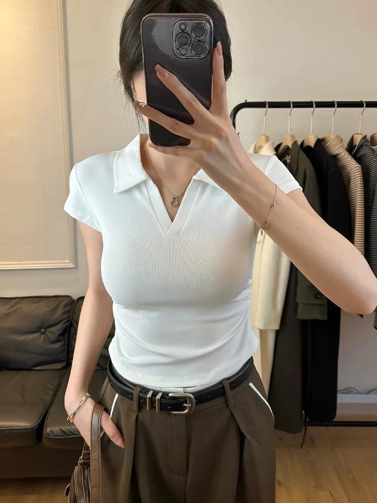 Coton été Sexy femmes t-shirt maigre mince basique solide haut court à manches courtes Polo t-shirt 