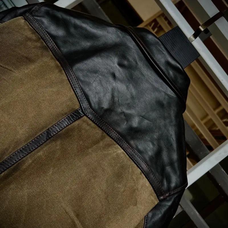 Veste en cuir marron de style rétro décontracté pour homme, cuir de cheval naturel et toile épissés,