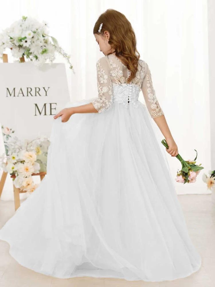 Robe de demoiselle d'honneur en dentelle avec des Appliques florales, manches 3/4, robe de bal en Tu