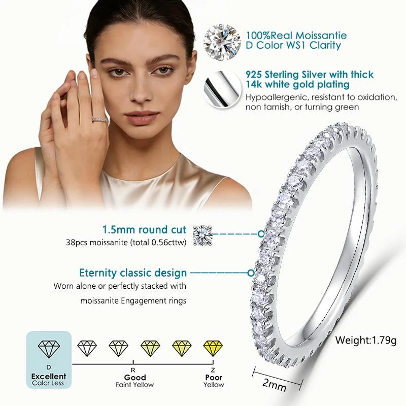 ALLNOEL 2mm bague Moissanite complète pour femmes couleur D VVS1 femme bague à queue unique 925 bagu